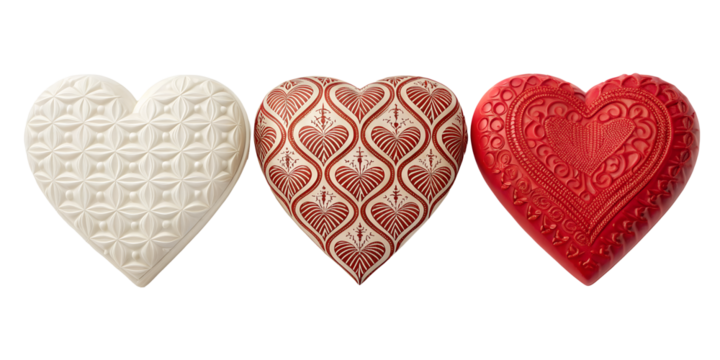 Three Different Style 3D Hearts on White, Colorful Heart Designs, 3D Heart Display, Cut Out