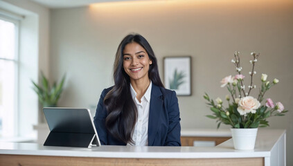 Indian Hotel Receptionist Standing Behind a Modern Front Desk Welcoming Guests with a Warm Smile in a Luxury Hotel Lobby