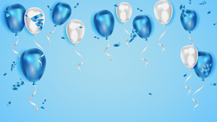 realistic blue balloons and confetti background