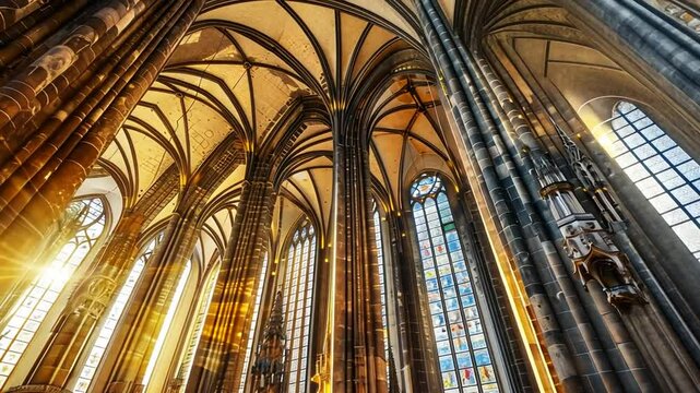 Innenraum einer Kathedrale mit Sonnenstrahlen durch bunte Fenster.
