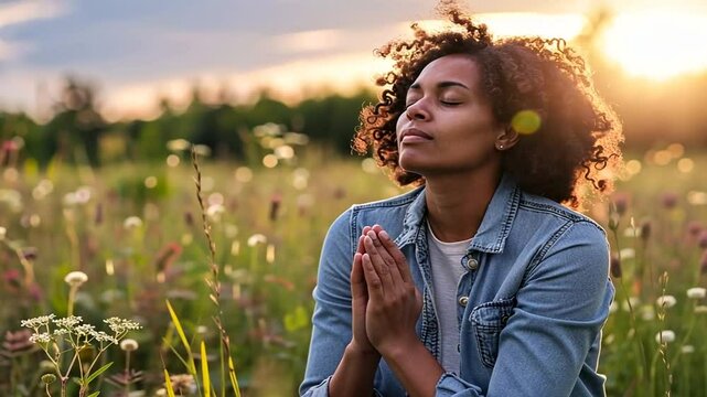 Eine junge Frau betet mit geschlossenen Augen im Freien.