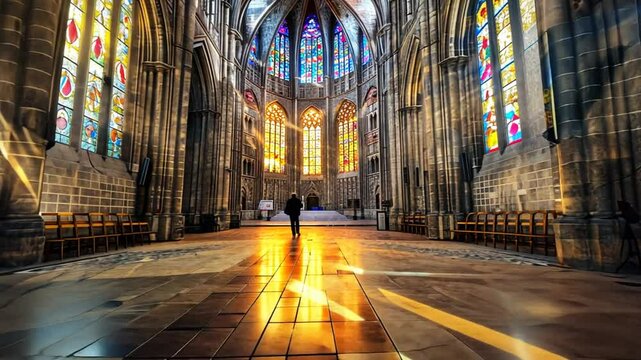 Eine Person geht durch eine erleuchtete gotische Kathedrale.