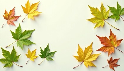 Delicate maple leaves scattered on white surface, green, leaf details