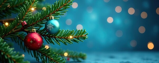 Evergreen fir branch with blue Christmas background and colorful ornaments in bokeh, holly, ornaments, snowflake