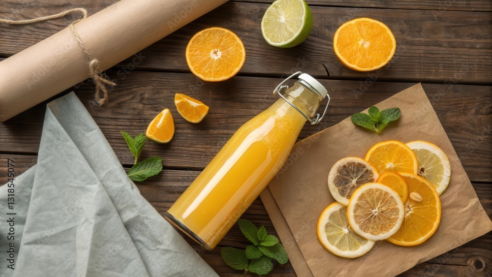 Aufkleber a bottle of fresh citrus juice surrounded by slices of fruit and a rustic wooden background
