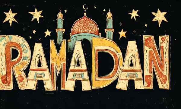 Ramadan greeting card with mosque and stars.