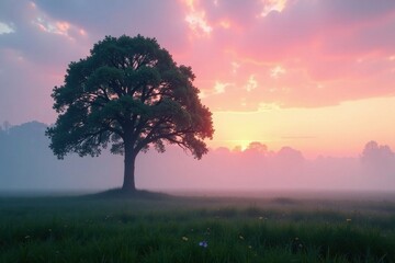Fototapeta premium Tree standing alone under misty morning sky , silhouette, quiet, fog