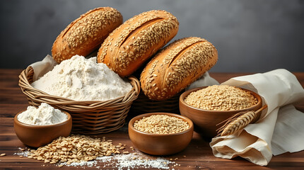 Freshly baked bread rolls with whole wheat flour, grains, and oats on rustic wooden table