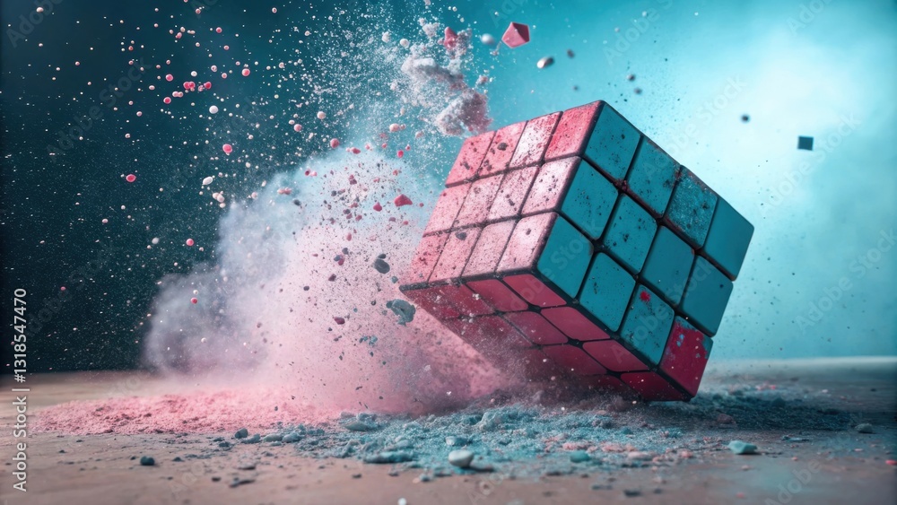 Aufkleber a vibrant, blue and pink colored cube explodes into a colorful cloud of powder, leaving behind a tra