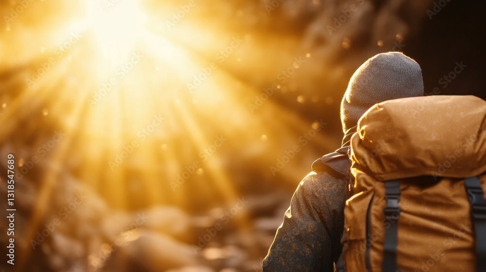 Poster backpacker stands in awe, illuminated by golden sunlight streaming through rocky passage, creating s
