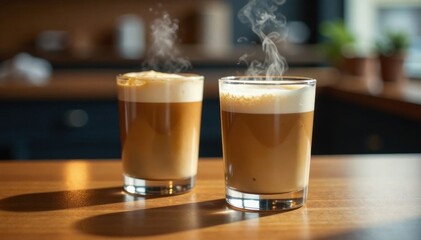 Two glasses of steaming latte on a wooden table, warm, beverage, latte