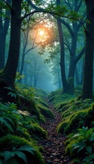 Obraz premium Mysterious forest at dusk with ferns and moss, nature, grunge, forest