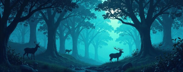 Mysterious forest atmosphere with blue silhouette trees and wild animals amidst green foliage, nature, silhouette, forest