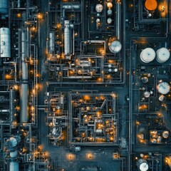 A drone shot of a natural gas field with flaring stacks and extraction equipment.