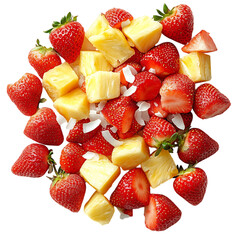 Fresh Strawberries Coconut and Pineapple Chunks with Bowl Isolated on Transparent Background
