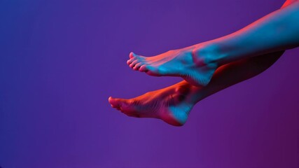 Female legs illuminated with neon lights showing vein patterns on purple background. Medical visualization of venous system. Phlebology diagnostic concept. Vein treatment clinics, podiatry