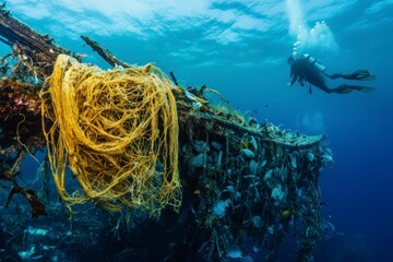 Diver Observes Marine Debris Covered Shipwreck Underwater in Ocean Environment