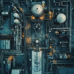 A drone shot of a natural gas field with flaring stacks and extraction equipment.