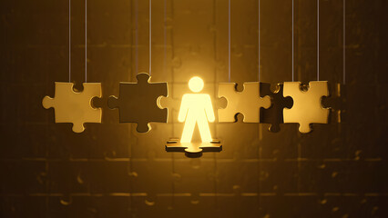 A luminous human outline At the center of the puzzle. Symboling the breakthrough self achievements, 300dpi