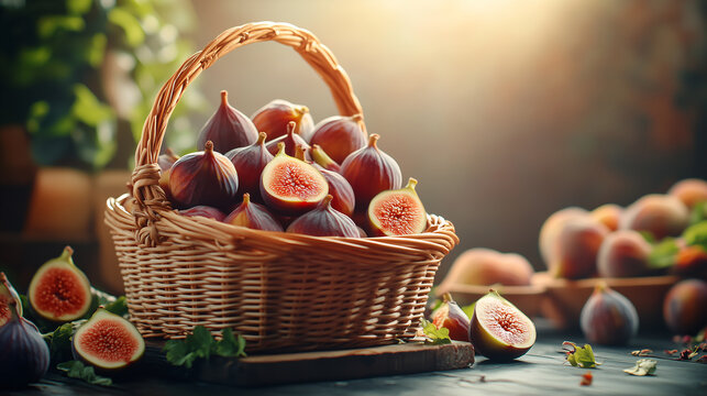 Wicker basket overflowing with freshly picked figs on a rustic wooden table, with a blurred background