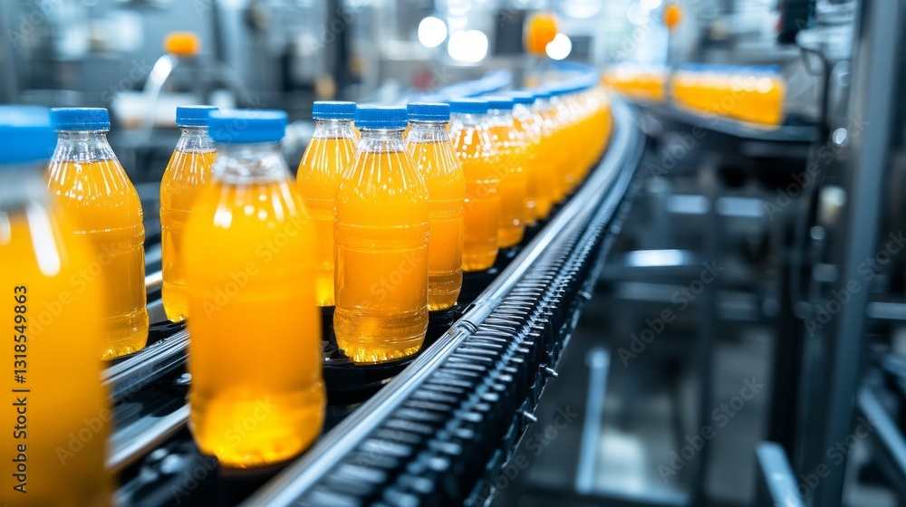 Poster rows of vibrant orange bottles move steadily along a conveyor belt inside a lively factory. workers 