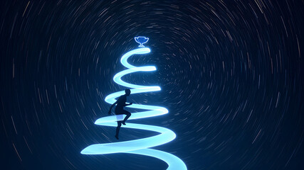 The silhouette of the human body climbs along a spiralling star trajectory, represents the process of goal-oriented growth. 300dpi