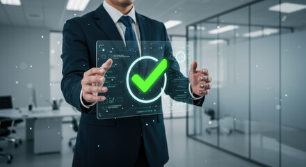 check mark for compliance certification or audit concept with a business man holding a digital hologram of green
