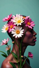 Vibrant daisies bloom on bald head, outdoors, flowers growing, blossoms