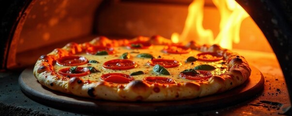 Vibrant flames engulf a freshly baked hot pizza as it emerges from a fiery oven kitchen, cooking, food, fire