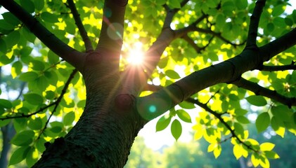 Tree's branches stretch towards the sunlight filtering through, leaves, light