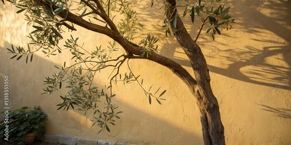 Poster sunlight dappled through olive branches, creating a geometric shadow pattern on the sandy yellow wal