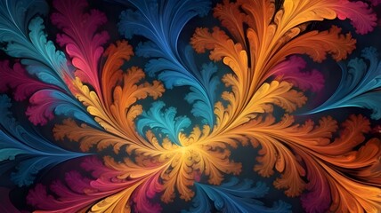 Vibrant Fractal Art with Flowing Feather-Like Patterns in Warm and Cool Hues