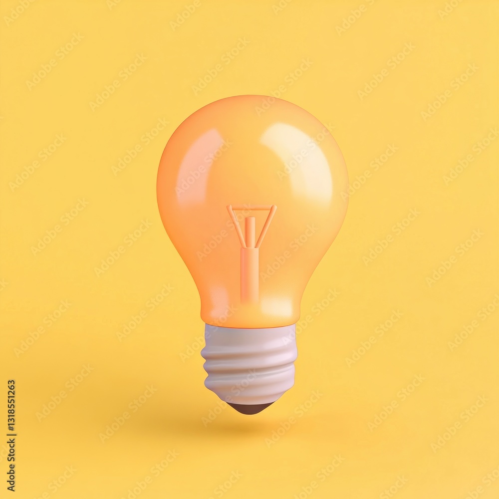 Poster 3d clay icon of a light bulb in pastel color on yellow background