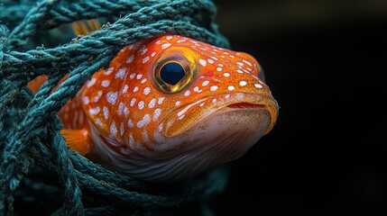 An orange fish with white spots swims through twisted blue rope, showcasing its colors