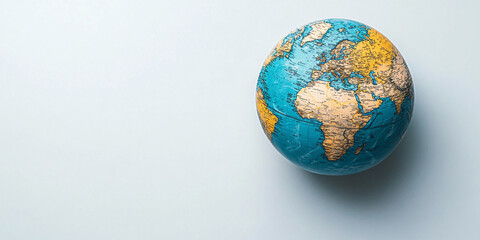 Fototapeta premium A small, detailed globe sits against a soft blue backdrop.