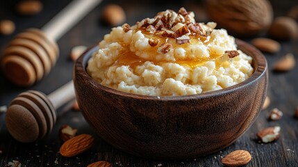 Creamy oatmeal drizzled with honey and topped with crunchy nuts makes a delightful breakfast