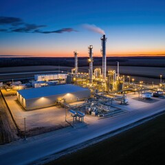 Fototapeta premium A drone shot of a natural gas field with flaring stacks and extraction equipment.