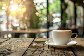 Flawless Visual of Cup of Coffee on Wooden Desk in Caf