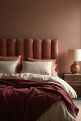 Elegant Bedroom with Plush Headboard, Cozy Bedding, and Warm Earthy Tones