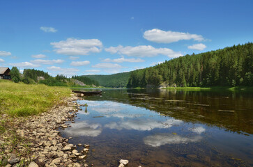 Natural landscape of the Chusovaya River near the village of Kyn, Russia, Perm Region in summer.
