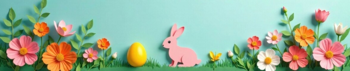 Pastel colored paper cut rabbit with a bright yellow egg, surrounded by colorful flowers and greenery , paper cut, pastel colors, nature