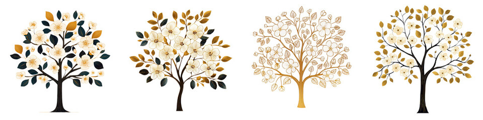 Obraz premium Colorful Stylized Collection of Autumnal Trees with Beautiful Seasonal Foliage in Various Shades of Green Brown Yellow and Red Decorative Graphic Design for Nature Environment and Botanical Concepts