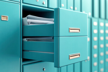 Discovering the organized chaos of a turquoise filing cabinet brimming with documents in a modern workspace