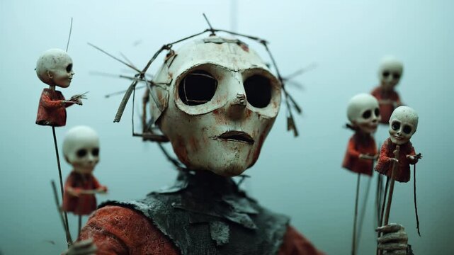 Creepy porcelain doll puppets with broken mask and metal wires against foggy background. Surreal animation characters with white faces, red clothing. Horror. psychological thrillers, nightmare