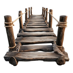 Naklejka premium An aged, rustic wooden plank bridge with rope railings extends into the distance isolated on a pure transparent background for journey concepts.