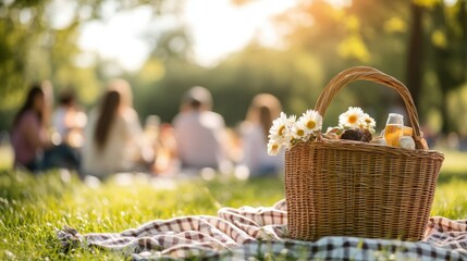 Picnic basket with flowers in a park
