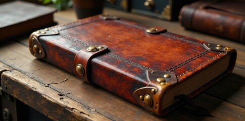 Vintage leather journal on a worn wooden desk, rustic, antique, wood