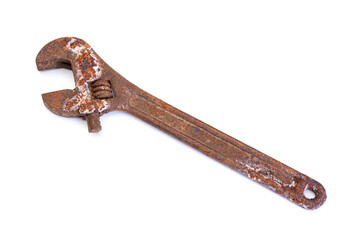 Used Tools. A worn and well used adjustable spanner. White background. No AI tools