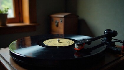 Obraz premium Phonograph playing old records in a dark room, audio equipment, dark room, antique