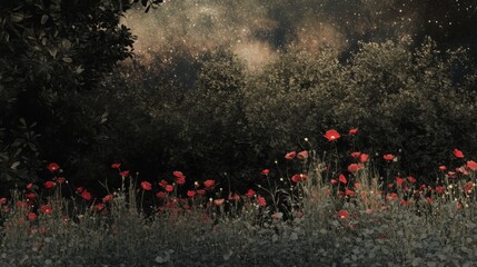 Obraz premium A mystical forest glade bathed in starlight, where soft petals of wildflowers shimmer under the cosmic glow. The sky is filled with shooting stars and nebulae.